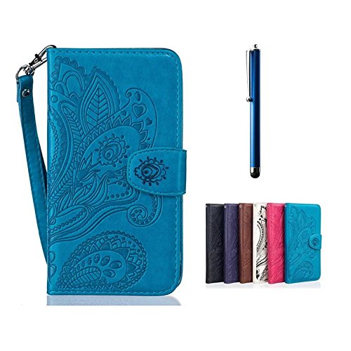 Preisvergleich Produktbild Samsung Galaxy J1 Ledertasche MUTOUREN Schutzhülle Handyhülle Brieftasche Case mit Ständer HalterKartenfächer für Samsung Galaxy J1 J100 J100H Premium Ledertasche Gepresste Blumen Painted Pattern Hülle Handy Case Dünne Tasche Cover Schutzhülle Schale Tasche-Pfau Blumen Blau + Metall Stylus Pen