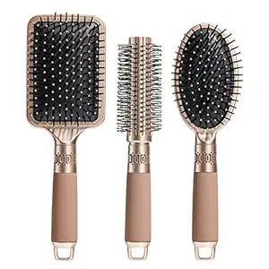 AIKON Hair Brush Set with Detangling Nylon Pins Massage Paddle Brush Cushion Hair Combs Hair Dryer Brush for Women Men Kids Girls? (Gold)