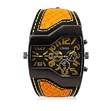 iLove EU Herren Armbanduhr Japanisches Quarz Analog Dual-Bewegung Doppel Zeitzonen Sport Uhr mit Gelb Zifferblatt und Schlangenhaut Leder Armband