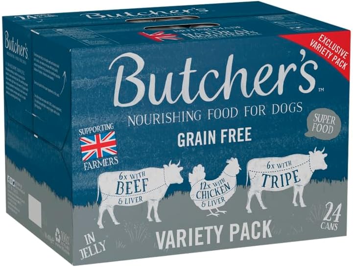 Butcher's Wet Dog Food Tin Cans Grain Free Tripe Loaf Pate Recipes 9.6kg (24 x 400g) - Analyse des détails et conception