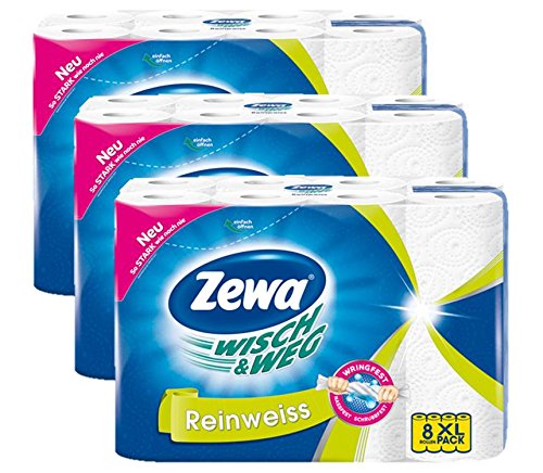 Zewa Wisch und Weg Küchenrollen Reinweiss, saugstarke Wischtücher in hellem Weiß, 3 x 8 Rollen (24 x 45 Blatt)