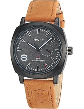 INWET Herren Armbunduhr,Schwarz Zifferblatt mit Datum Kalender,Braun Leder Armband