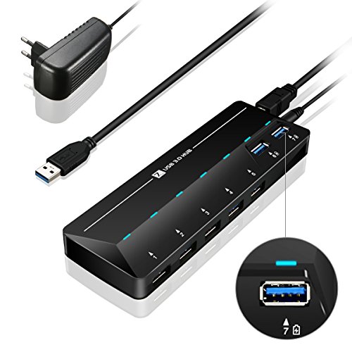 USB 3.0 Hub, ONCHOICE 6 Ports USB 3.0 + 1 QC Ladeport 1.5A Quick Charge LED-Anzeigen mit 5V/4A Netzteiladapter für MacBook,Windows Laptop, iPhone, iPad, Samsung und andere USB 3.0 kompatibel Geräten