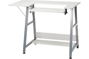 Sewing Online Kleiner Nähtisch, weiß mit silbernen Beinen – Nähmaschinentisch mit verstellbarer Plattform, Drop-Leaf-Verlängerung und Ablagefläche. Verwendung als Quilt-/Basteltisch oder Computertisch