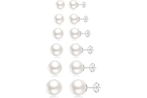 Senteria Pearl Earrings Studs 6 Pairs Sterling Silver Pearl Stud Earrings Set Hypoallergenic Small Silver Stud Earrings Pearl Earrings for Women 3/4/5/6/8/10MM