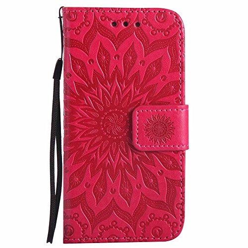 Galaxy S5 Mini Hülle, Dfly Premium Slim PU Leder Mandala Blume prägung Muster Flip Hülle Bookstyle Stand Slot Schutzhülle Tasche Wallet Case für Samsung Galaxy S5 Mini, Rot - 2