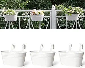 GIG Handicrafts Modern Iron Railing Planter (Pack of 3) with Railing Handle and Wall Hook Behind (27 cm x 15 cm x 25 cm, White)