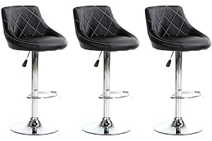 "Millies Design" Set of 3 matching MADRID Bar Stools Set with Backrest, Leatherette Exterior, Adjustable Swivel Gas Lift, Chrome Footrest and Base for Breakfast Bar, PACK OF 3 ! (BLACK)