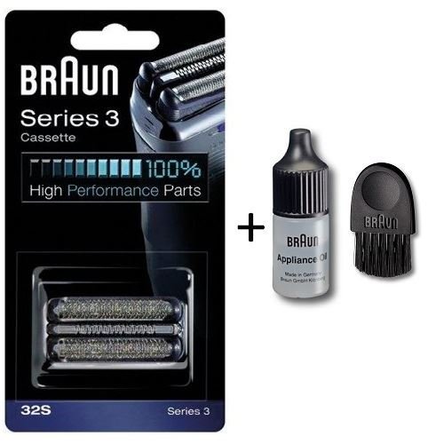 Braun Series 32S cassette, wet&dry, CruZer6 Clean shave heads, Cutter, parts, shaver spares, razor, shaver parts, Electric Men's Shavers, silver with 6cm cleaning brush and oil 7ml