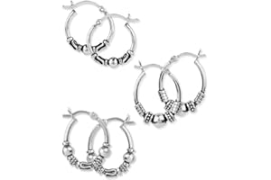 LeCalla 925 Sterling Silver Hoop Earrings | Earring Sets for Women | Set of 3 Pair Balinese Earring Hoops | Earring Sets for Multiple Piercing for Women