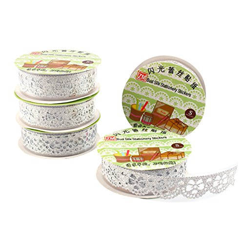 5 Rollen Lace Decor Kreatives Klebebänder Glitter Gold Pulver Spitzenband Selbstklebend Washi Tape Spitze Dekobänder Papier Aufkleber Kunsthandwerk DIY - ca. 100x18 mm (Silber)