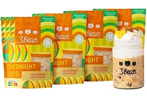 3Bears Overnight Oats Mango d'oro I 4 bustine di porridge vegano da 400 g con avena integrale I Colazione deliziosa, per una notte in frigorifero I Porridge per la colazione senza zucchero, preparato