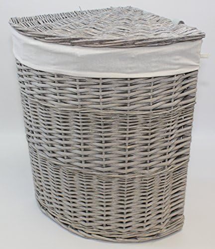 Grey Washed Willow Wicker Corner Laundry Basket / Large / Small / Lid / Lined (Small L32 x W32 x H56 cm)