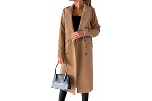 CARGIS Long-sleeved wool coat with double-breasted buttons,Women's Double Breasted Long Trench Coat Windproof Classic Lapel Slim Overcoat