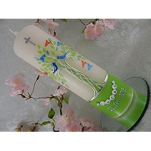 Taufkerze Lebensbaum grün silber mit Vögelchen Taufkerzen Junge Mädchen 250/70 mm inkl. Beschriftung