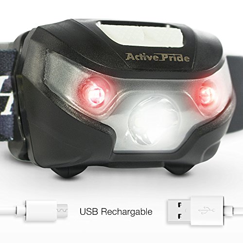 Preisvergleich Produktbild LED Kopflampe - Wieder-aufladbarer USB Kopf Taschenlampe mit verstellbarem Riemen - Mini leichte Taschenlampe mit einem hellen weißen und zwei roten Lichtern - Kopflampe um mit dem Hund Gassi zu gehen, Laufen und Campen