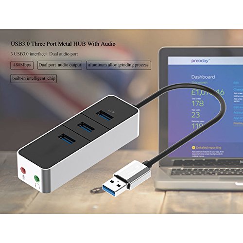 EUGO USB 3.0 Hub – 3-Port USB 3.0 Hub Externen USB Soundkarte mit Audio und Mic Stereo Audio Sound Adapter (3.5mm Jack) für iMac, MacBook Air, MacBook Pro, MacBook, Mac Mini, PCs und Laptops – 0.15m - 2