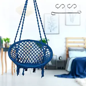 Swingzy Make in India, Cotton Round Hanging Swing for Adults & Kids 100% Cotton Rope Wooden Swing for Indoor, Outdoor, Home, Balcony, Garden with Free Hanging Accessories (120 kgs Capacity, Blue)