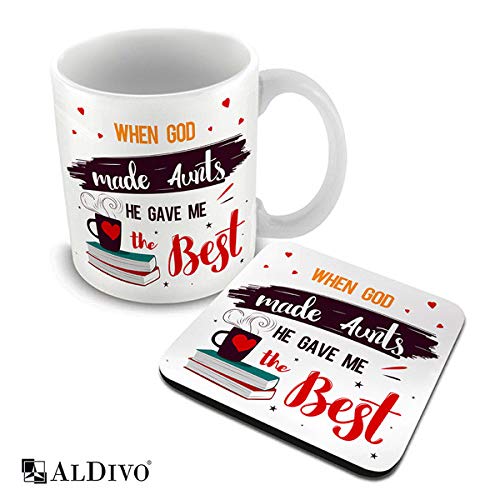 alDivo Premium Quality When God Made Aunts He Gave Me The Best Printed Combo Gift Pack of Ceramic Coffee Mug 330 ml + Printed Coaster