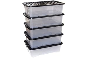 CrazyGadget 5 x 32L 32 Litre Large Underbed Plastic Storage Clear Box Strong Stackable Container - Made In U.K. (Black)