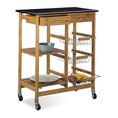 Relaxdays Küchenwagen Bambus ALFRED XL mit schwarzer Marmorplatte HBT
