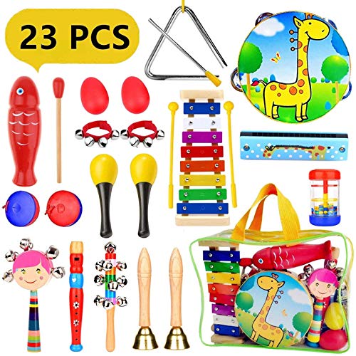 Pachock Strumenti Musicali per Bambini, 23pcs Giocattolo in Legno, Set di Percussioni per Bambini e Bambine Regali di Compleanno con Borsa per Il Trasporto