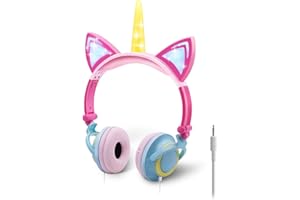 ONTA Casque Audio Enfant avec Oreilles de Chat Licorne, Léger, Écouteurs Pliables à LED à Lumières pour Filles/Garçons, Réglables, Durable et Confortable, pour Maison ou Extérieur (Poudre Jaune)