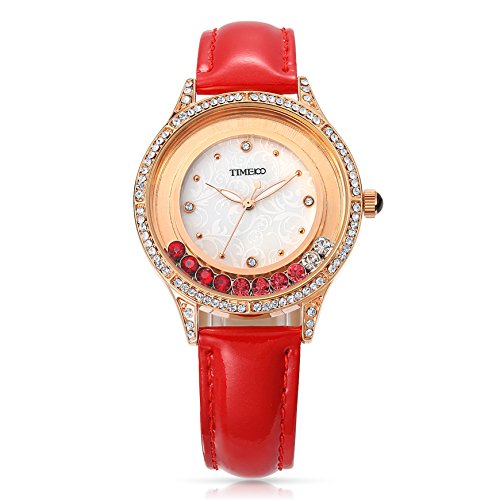 TIME100 Damenuhr Leder Band dekoratives Zifferblatt mit Strass Armbanduhr Quarz Analog Uhr Rot #W80115L.02A