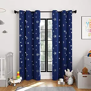 Encasa Homes Room Darkening Blackout Curtains 2 Panels Silver Foil Printed Plain Colours for Kids Bedroom, Living Room with Grommet, 85% Light Blocking, Sound & Heat Reducing, 6 ft -Star Navy