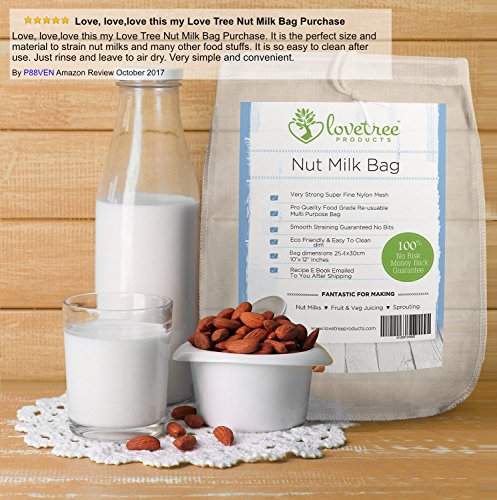 Premium Nut Milk Bag – Including Free Recipe E Book – Large Food Grade Reusable Super Fine Strong Nylon Mesh Bag – Smooth Milks & Juices Every Time ★ With No Risk 100% Money Back Guarantee. Love Tree Products - 3