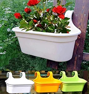 Altino Double Hook Flower Pots, Multicolor Garden Planters Railing Pots Virgin Plastic Hanging Planters - Set of 3 (34 cm)
