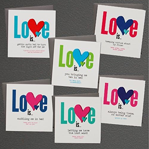 6 Pack Greetings Anniversary Valentines Day Love Assorted Blank On The Inside Note Cards - Greeting Card Bulk Box Set - 6 Colourful Love Is Notecards With Gunpowder Grey Envelopes Included 150mm x 150mm