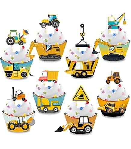 Bymivofun 48 Pièces Toppers Et Wrappers Cupcakes Excavatrice - Décoration Fête Construction Pour Garçons