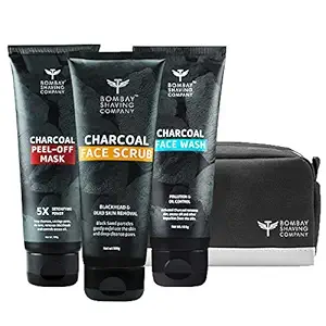 Bombay Shaving Company Charcoal Skin Care Travel Pack with Face Wash, Face Scrub and Peel Off Mask and Travel bag for Dirt removal, Tan reduction and Anti Pollution Effect (100 g x 3)