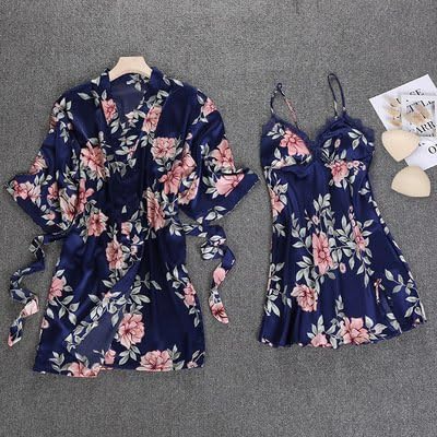 PPOJAS Two-Pieces Female Floral Print Half Sleeve Bathrobe + Mini Nightdress Robe &amp; Gown Sets Summer Women'S Pijamas Hot,Blue Set,M