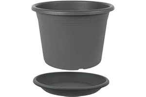 ‎MEPLA MePla - Blumentopf Pflanzkübel Cylindro ø25 cm + Untersetzer ø24 cm, Anthrazit, wetterfest aus UV-beständigem Kunststoff
