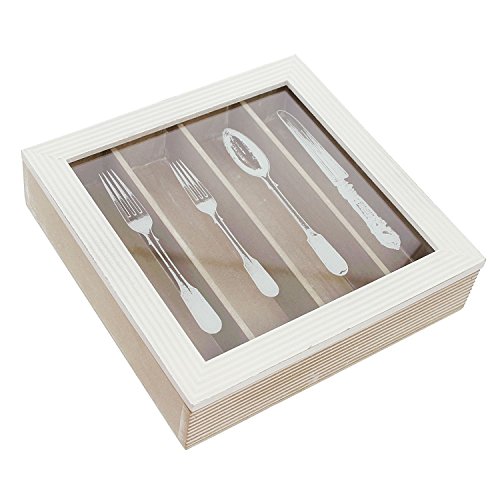 amelex 67 Scatola a Posate Stile Campagnard e Nostalgique, Legno cérusé Bianco con Scomparti, Coperchio Bianco incrusté di Vetro e Stampa di Posate