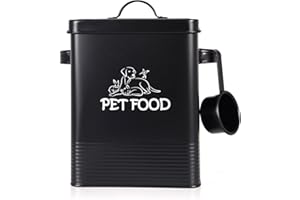HOCHSTE Pet Food and Treats Storage Box Canister Tin with Serving Scoop for Cats, Dogs, Birds Rabbit, Hamster Metal Lids with Handle Black