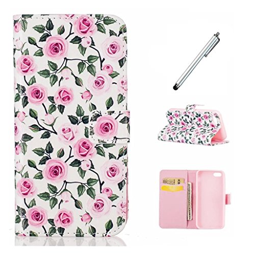 MUTOUREN Schutzhülle Case für iPhone SE 5 5S Prägung Blumen Geprägte indische Mandala Muster Buch-Stil Bookstyle Handyhülle Schutzhülle Taschen Anti-scratch Bumper et Shock Absorption Magnetverschluss Magnet Etui + Metall Touch-Pen, Kleine Rose