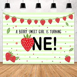 Mehofond A Berry Sweet Girl is Turning One Strawberry Theme 1 Year Old Girl Birthday Party Decoration Backdrop Cake Table Gift Table Supplies Vinyl Backdrop 7x5ft