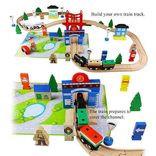 ACOOLTOY Wooden Train Track Set Toy Wooden Classic Railway Flexible Track Car Set Building Kit Toy for Kids Aged 3+ (80 Pcs)