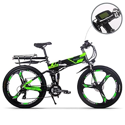 RICHE BIT Vélo électrique mis à jour RT860 36 V 12.8A Lithium Batterie velo pliant VTT 17 * 26 pouces Shimano 21 Vitesse vélo intelligent E Bike (Vert)