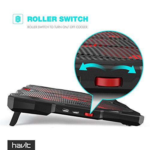 HAVIT Laptop Kühler Cooling Pad (bis zu 17 Zoll), Notebook Cooler Ständer Kühlpad Kühlmatte mit 5 Ventilatoren, 2 USB-Anschlüssen, rotes LED Licht (F2068) - 5