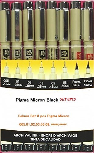 Pigma Micron 8 Fineliners 005,01,02,03,05,08, Brush, Brush (Manga SET)
