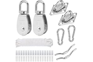 TooTaci Crane Pulley Block Set, M25 Stainless Steel Lifting Pulley Wheel with 6mm/10M Nylon Pulley Rope & Carabiner, Oblong Eye Pad Plate, Cleat Hooks,for Washing Line, Shade Sail