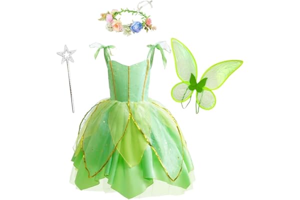 Lito Angels Deguisement Costume Fée Fille, Robe de Fee Verte avec Ailes pour Enfant Fille