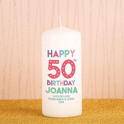 Personalised 50th Birthday Pillar Candle, Milestone Customised Gift Idea for Her
