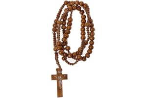 KINTRADE Catholic Wooden Beads Rosary Necklace with Jesus Seal Cross Religious Jesus Jewelry - Light Brown