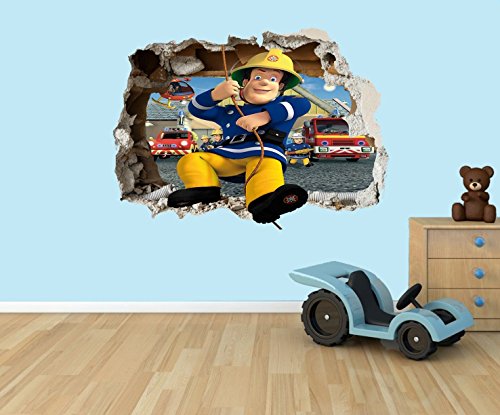 Feuerwehrmann Sam 3D Effekt zerstörten Loch in Wand Vinyl Aufkleber – geeignet für Kinder Schlafzimmer Wände, Türen und Fenstern., plastik, Extra Large 80 x 55cm
