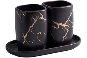 FülleMore Ceramic Toothbrush Cup Set Luxury Marble Look 3-Piece Bathroom Accessory Set 2 Toothbrush Cups with Tray Bathroom Accessory Set (Black)